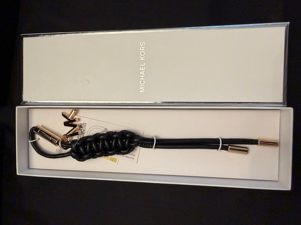 NWT Michael Kors Gold-Tone Black Leather Braided Cord Bag Charm in Original Box